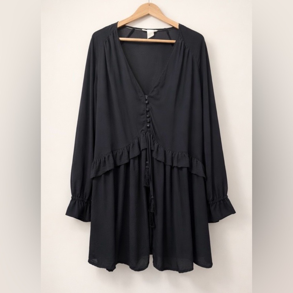 Black Elegant Longsleeve Boho Style Drop Waist  Mini Dress with Tassle Detail